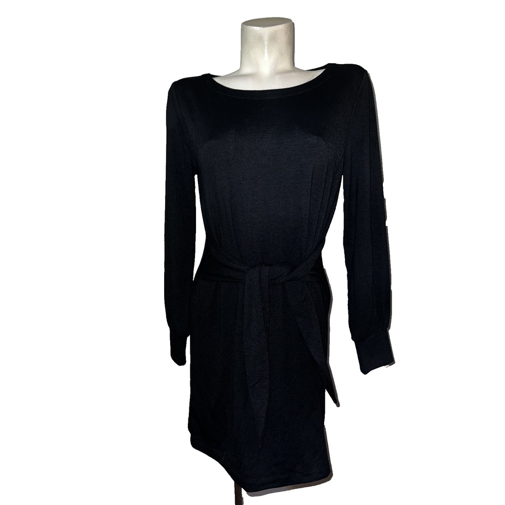 LOFT Women's Size M Solid Black Stretch Knit LS Tie Waist Dress Work Fancy